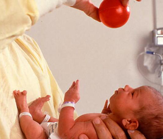 一位医生拿着一个红色的小球在新生儿的上方。