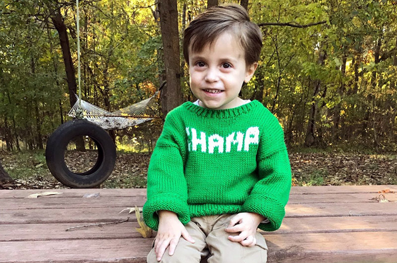 小男孩穿着一件毛衣,坐在一个日志对着镜头微笑。