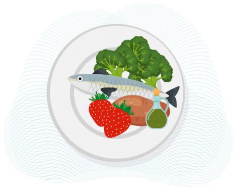 鱼，水果和蔬菜放在盘子里